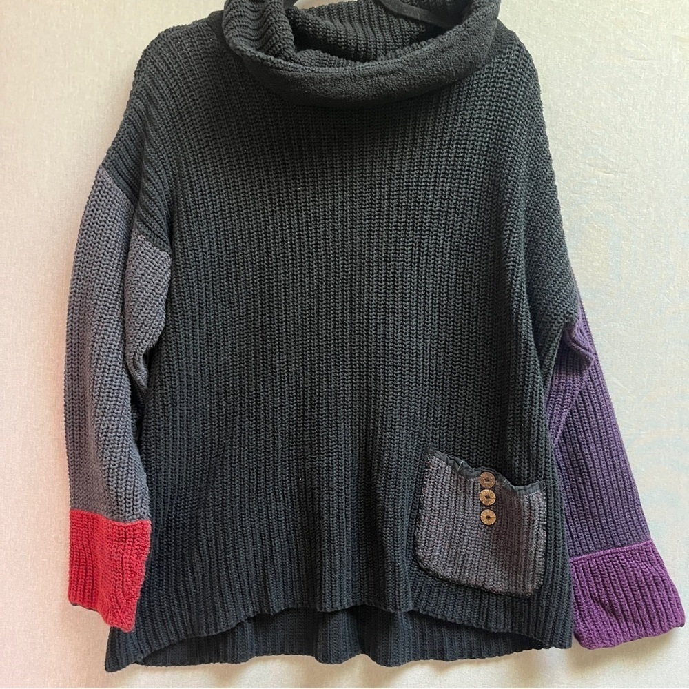 Margaret Winters Colorblock Chunky Knit Cotton Turtleneck Sweater Medium